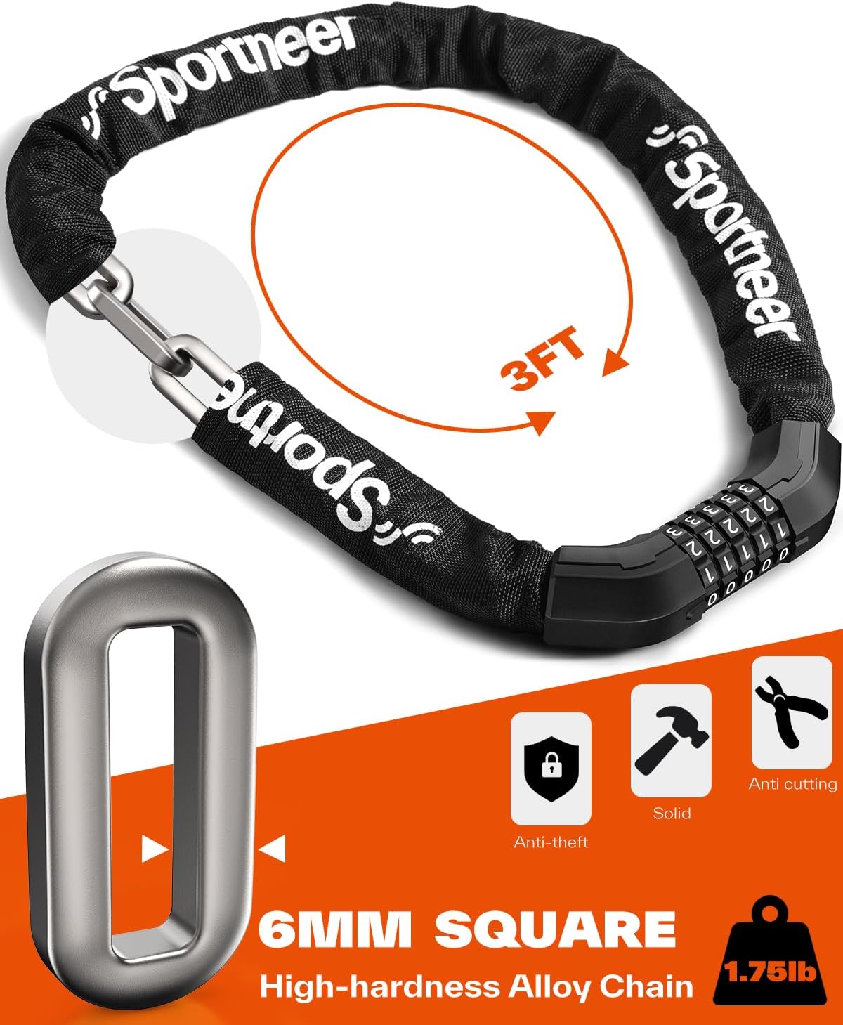 Sportneer Bike Chain Lock - Heavy-Duty 5-Digit Resettable Anti-Theft Lock | 3.2ft Length, 6mm Thickness