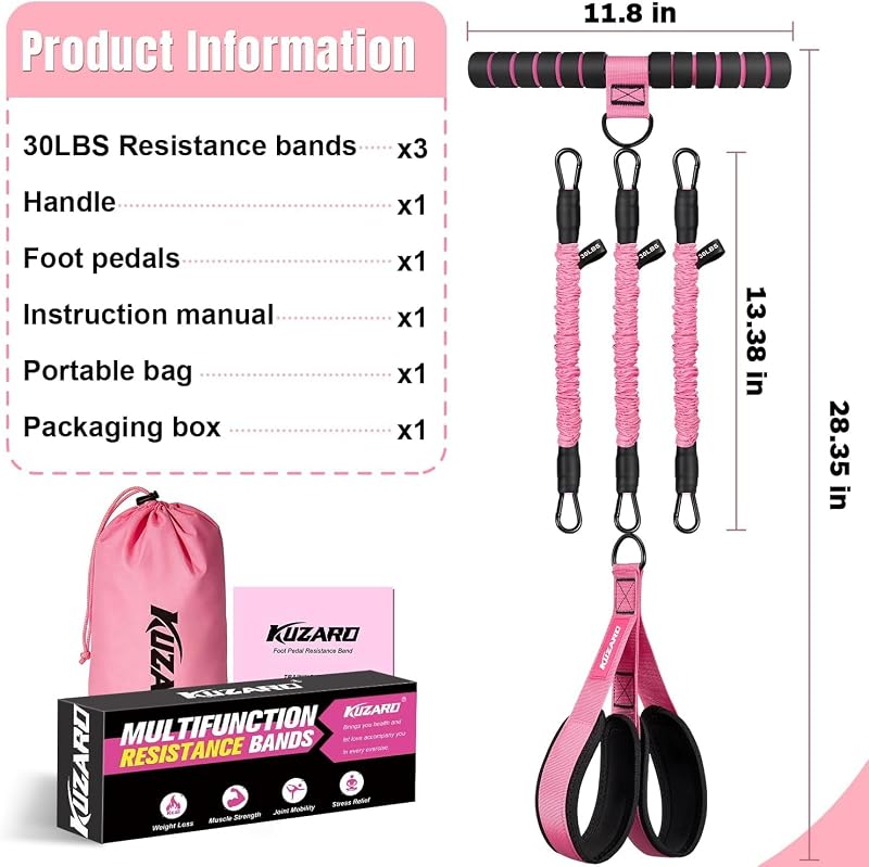 Upgraded Multifunction Pedal Resistance Band with Handle – 3 Tubes, 30-90 lb each, for Abdomen, Waist, Arms (Pink, X-Large) – Sit Up Exercise Equipment for Women