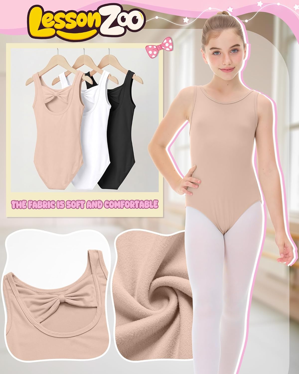 Skiennix Girls' Ballet Leotard - Sleeveless Dance Tank Tops with Bow Back | 3 Pack for Ages 2-12