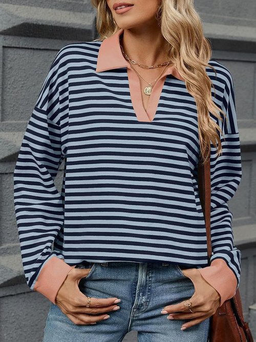 DMOYALA Striped Sweatshirt - Trendy Oversized Long Sleeve Polo V-Neck Top for Women | Fall Fashion