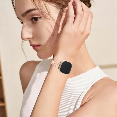 Alociaga Bling Metal Band, Compatible for Fitbit Versa 4/Sense 2/Versa 3/Sense Band, Cute Dressy X-Shaped Silver Bracelet for Women