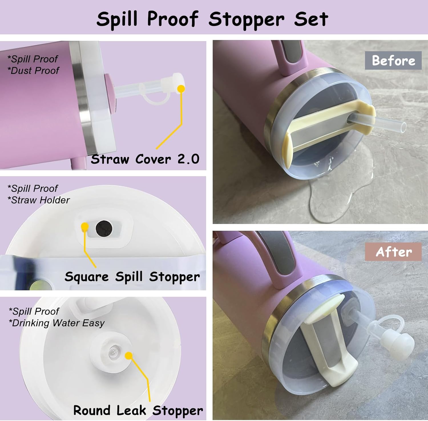 Stanley Cup Accessories Set - 2 Straw Covers, 1 Spill-Proof Stopper & 1 Handle Charm for 30/40 Oz Tumblers