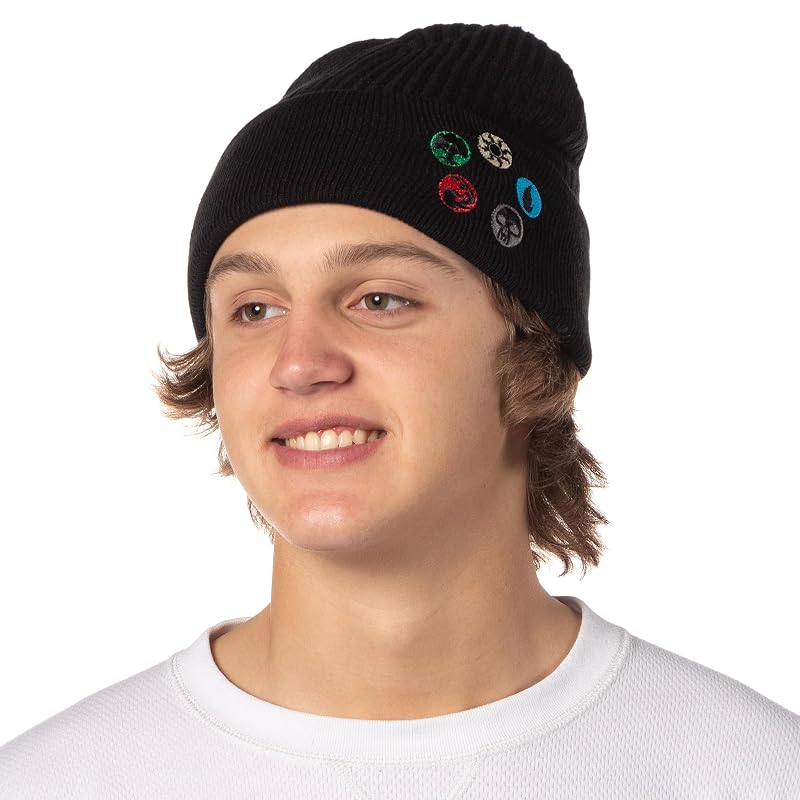 Magic: The Gathering Mana Token Knit Beanie—Unisex Cuffed Hat, Black