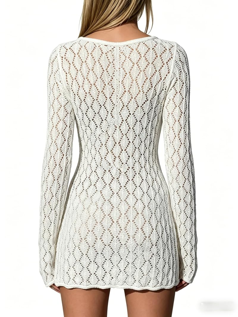MakeMeChic Crochet Beach Cover Up Dress for Swimwear - White, Small
