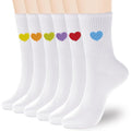 Womens Cotton Crew Socks 6 Pairs - White, Heart Pattern, Ankle Boot Socks