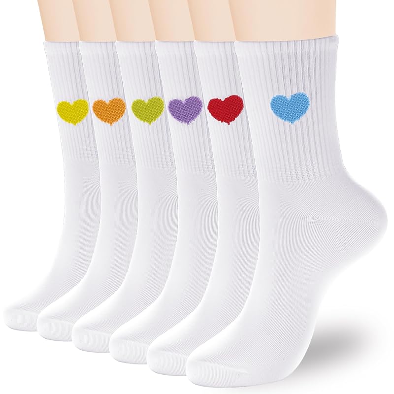 Womens Cotton Crew Socks 6 Pairs - White, Heart Pattern, Ankle Boot Socks