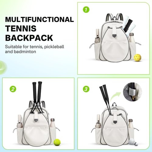 JKAOO Tennis Bags for Women, Waterproof Tennis Sling Crossbody Shoulder Backpack Holds 2 Rackets, Tennis Racket Bag for Pickleball Badminton (White)