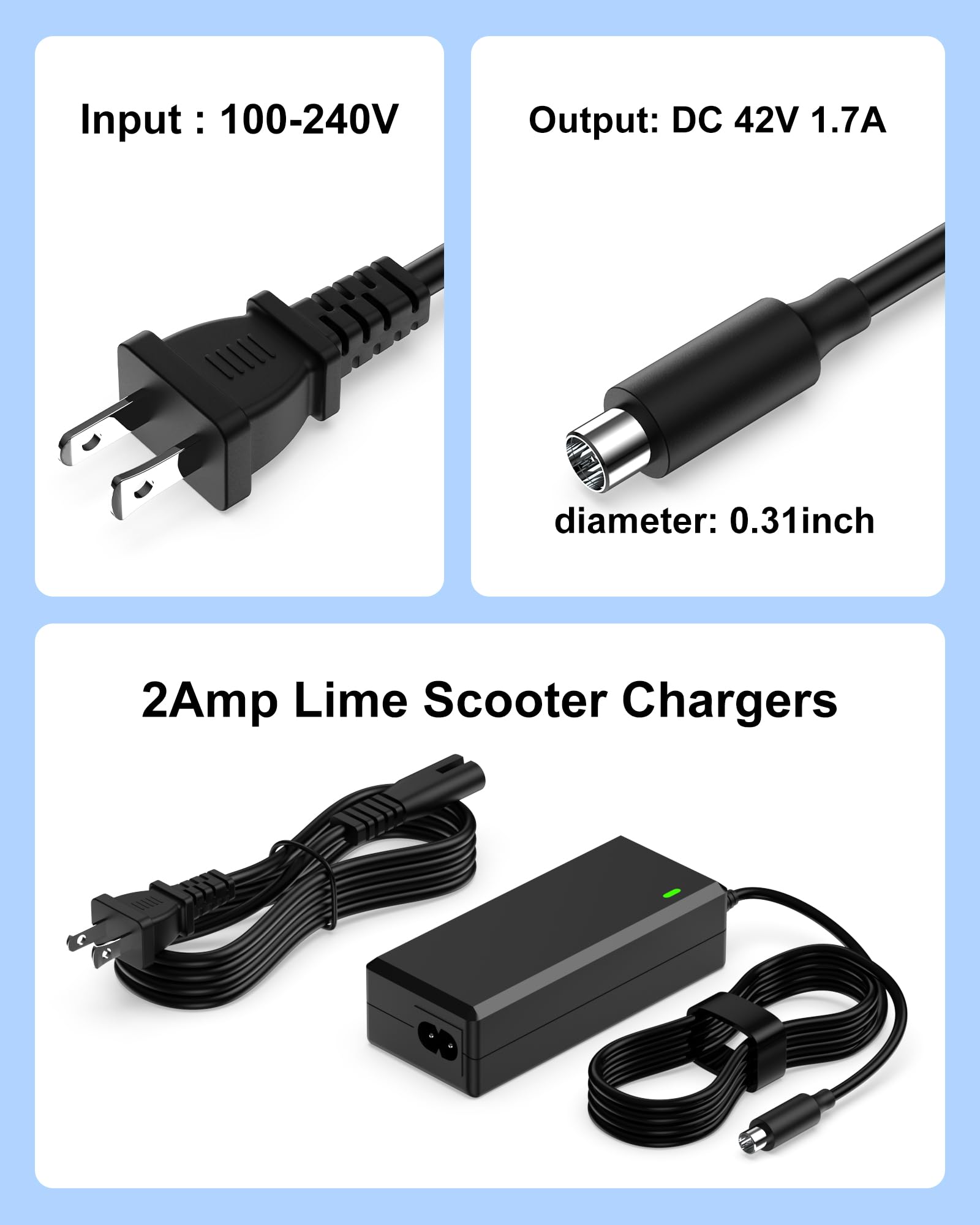 VHBW 42V Scooter Charger Compatible with Ninebot G30LP ES2 ES4 ES1L F20 F30 F40 E22 E25 M365 Pro/Pro2 Lime-S Electric Scooter with 36V Battery Compatible with Ninebot Electric Scooter Charger