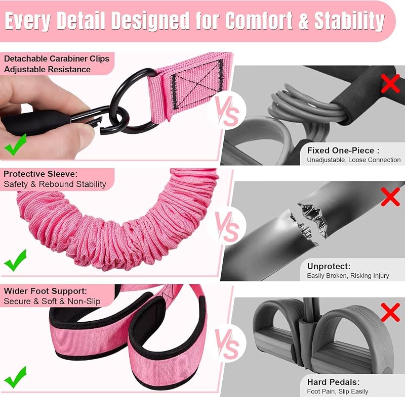 Upgraded Multifunction Pedal Resistance Band with Handle – 3 Tubes, 30-90 lb each, for Abdomen, Waist, Arms (Pink, X-Large) – Sit Up Exercise Equipment for Women