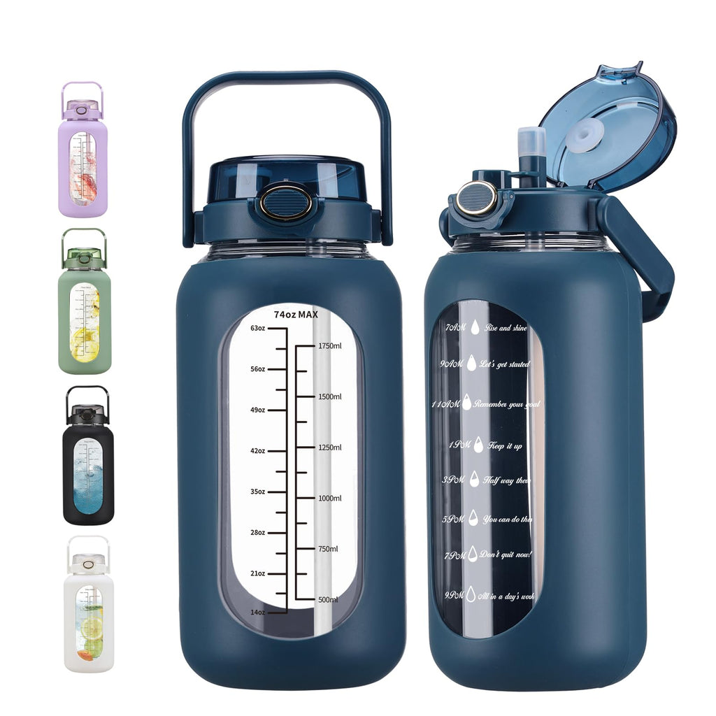 chunmo 74 oz Glass Water Bolttles with Straw Large Motivational Water Bottle with Time Marker Sports Water Bottles with Silicone Sleeve and Handle Lid 2.2L Water Jug for Gym Workout