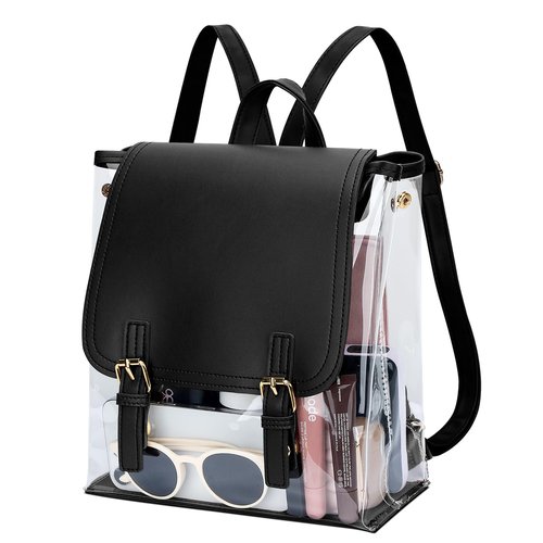 KKXIU Girls Clear Backpack Stadium Approved Transparent PVC Women Clear Bookbag with Leather for Sports Event, Concert (Black)