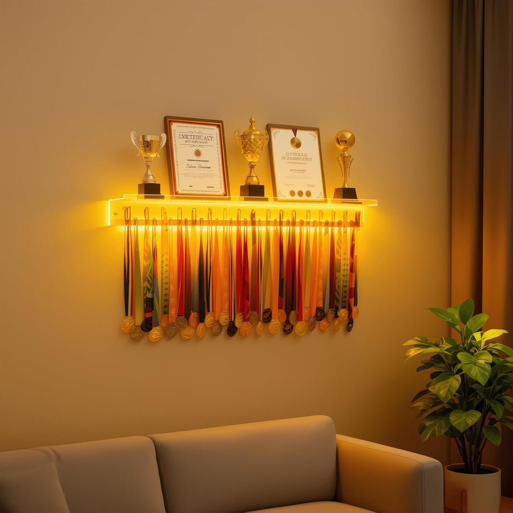 Omhuzsyo Medal Display Rack - Light Up Acrylic Trophy Shelf for Gymnastics, Running & More | Large 45.2”
