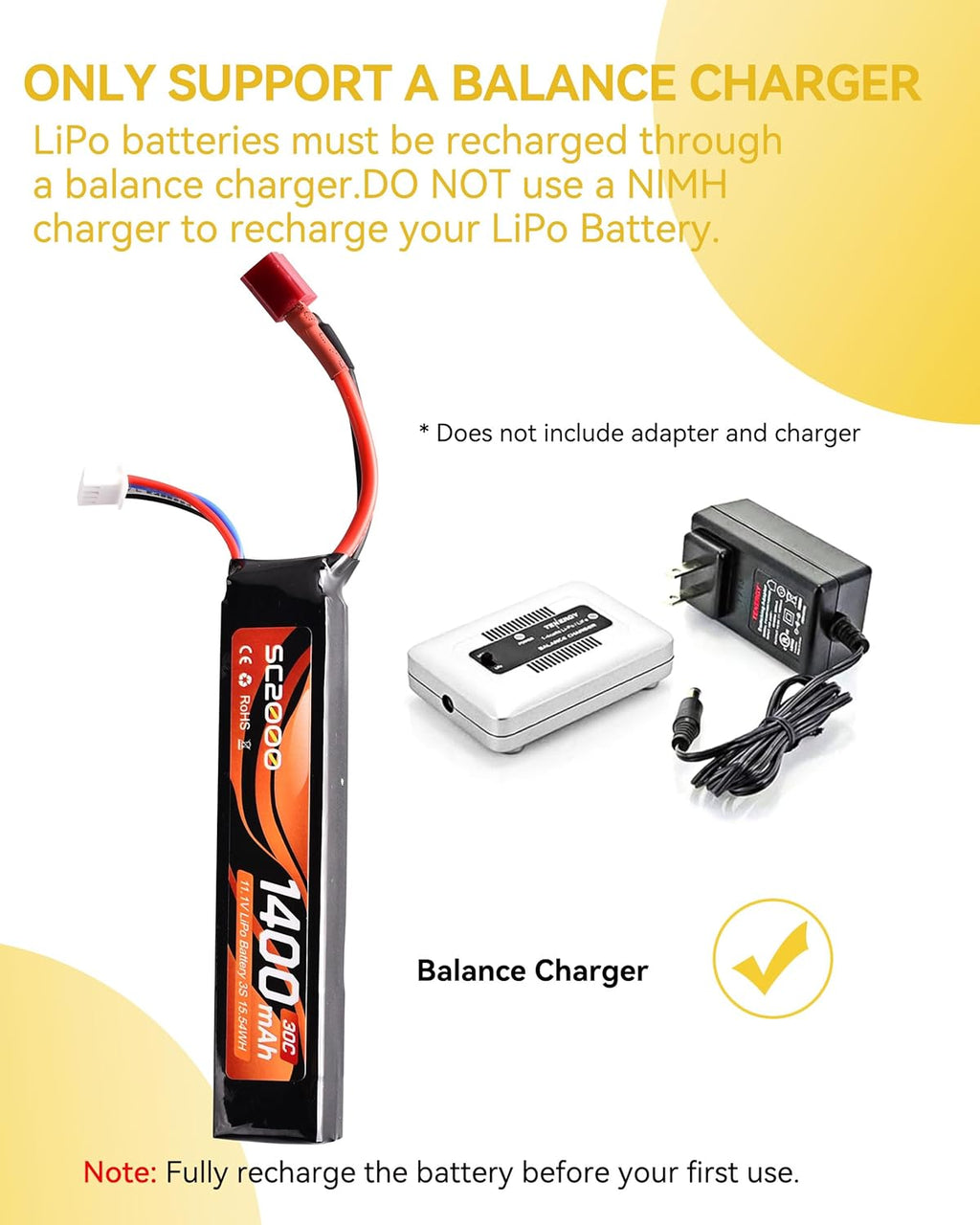 RunCam 11.1V LiPo Battery - Rechargeable 1400mAh 30C Stick Battery with T Plug & Mini Tamiya Cable for Airsoft Guns