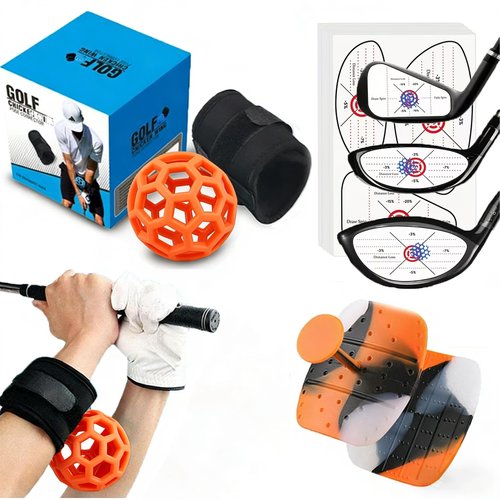 Golf Swing Training Aid-3-in-1 Golf Training Aid kit Including Golf Swing Trainer Ball, 60Pcs Impact Tape and 2Pcs T-Grips Corrector | Improve Golf Practice, Grip & Impact Precision (Orange)