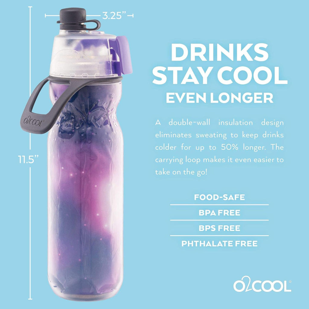 O2COOL Misting Water Bottle - 2-in-1 Mist & Sip Function, No Leak Pull Top Spout - 20 oz Tie Dye/Celestial Purple