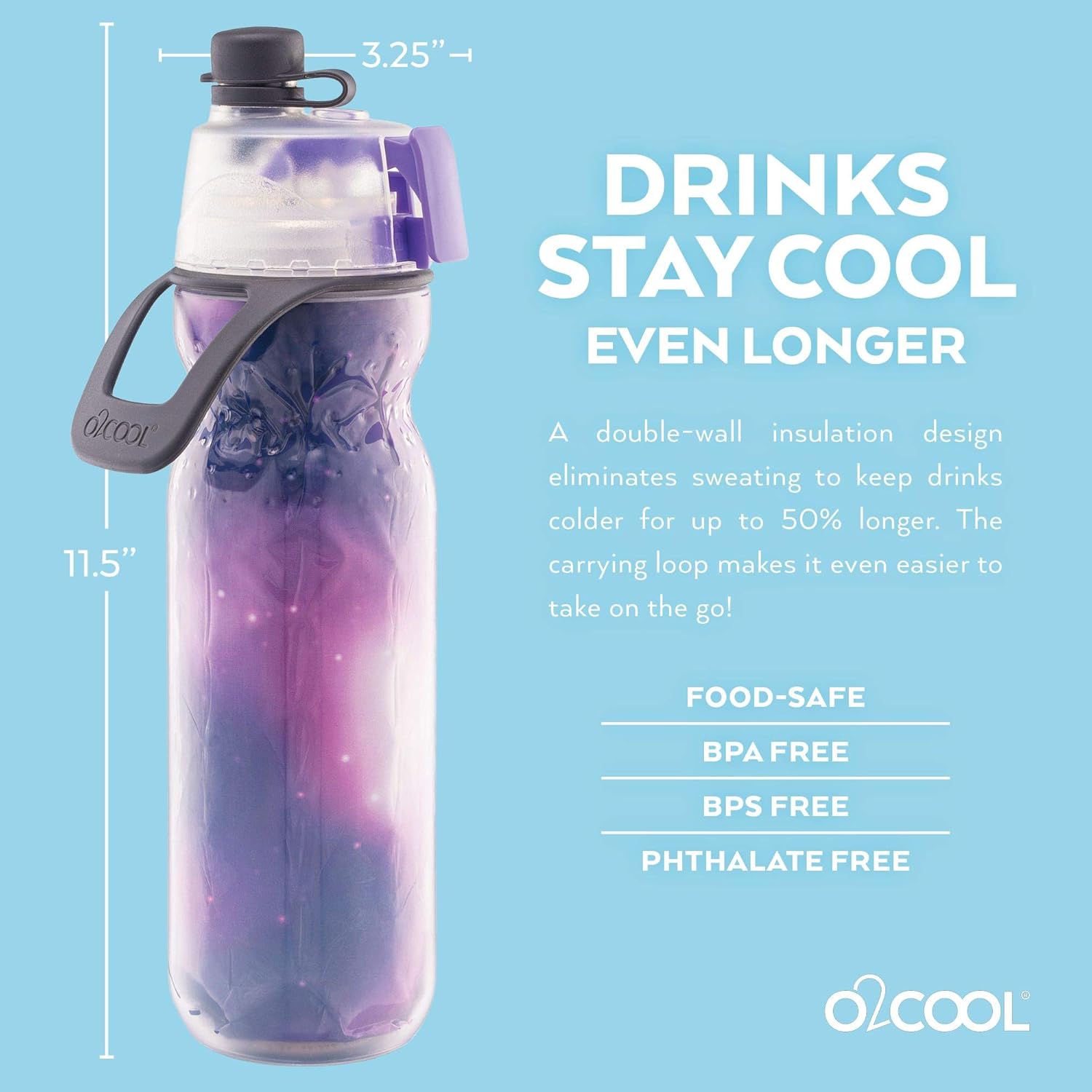 O2COOL Misting Water Bottle - 2-in-1 Mist & Sip Function, No Leak Pull Top Spout - 20 oz Tie Dye/Celestial Purple