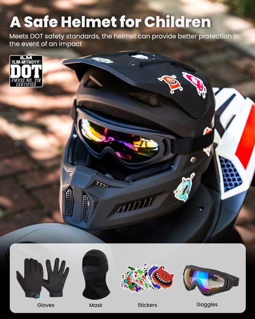 ILM Youth Dirt Bike Helmet - DOT Approved Motocross ATV Helmet with Goggles, Gloves & Stickers