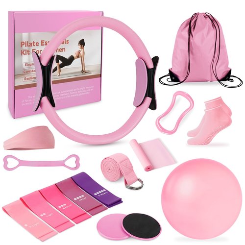 Pilates Ring Set for Women – 15PCS Home Pilates Equipment Kit with 12.5" Pilates Ring,Mini Ball,5 Resistance Bands, Sliders & Grip Socks – Complete Starter Set for Toning,Strength & Flexibility