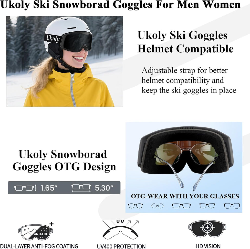 Ukoly Ski & Snowboard Goggles - HD Lens, Anti-Fog Coating, UV400 Protection | Unisex Design