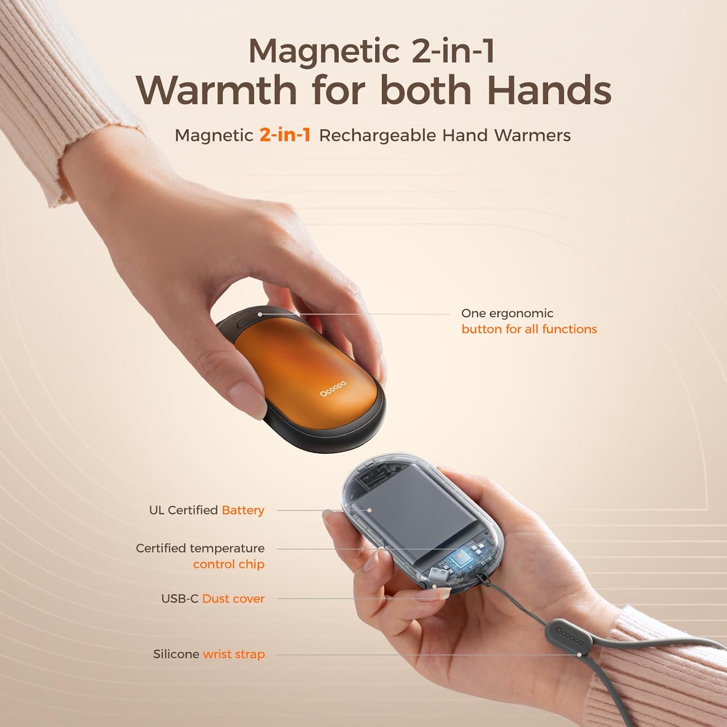 OCOOPA Rechargeable Magnetic Hand Warmers - 2 Pack with 3 Heat Settings, Pocket-Sized, Lasts Up to 8 Hours | Ideal for Outdoor Activities and Gifts