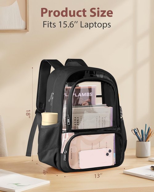 KIMNERPU Clear Backpack - Heavy Duty Transparent Bookbag with Reinforced Straps | X-Large Black for School & Travel