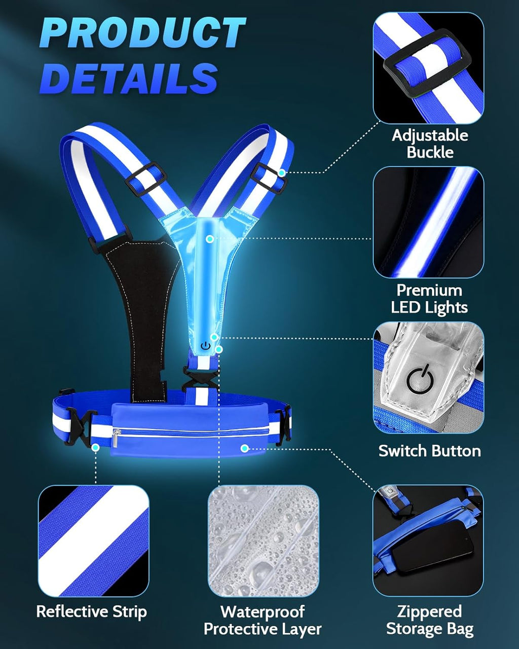 Skiennix LED Reflective Running Vest - Rechargeable High Visibility Safety Gear for Night Runners | Adjustable Fit