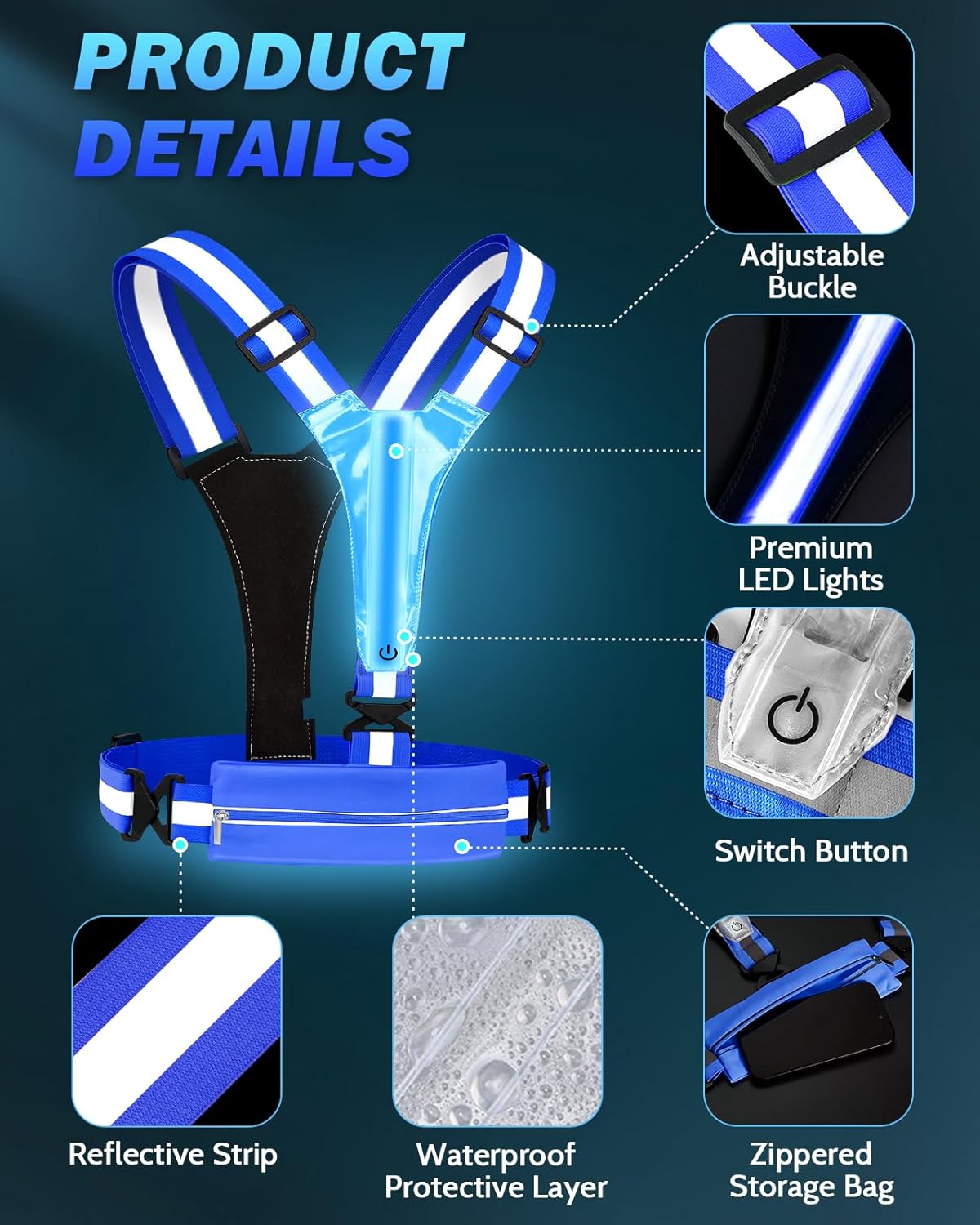 Skiennix LED Reflective Running Vest - Rechargeable High Visibility Safety Gear for Night Runners | Adjustable Fit