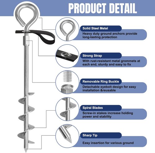 Eurmax USA Heavy-Duty Trampoline Stakes | 4-Pack Outdoor Tent Anchor Kit with Straps - Silver