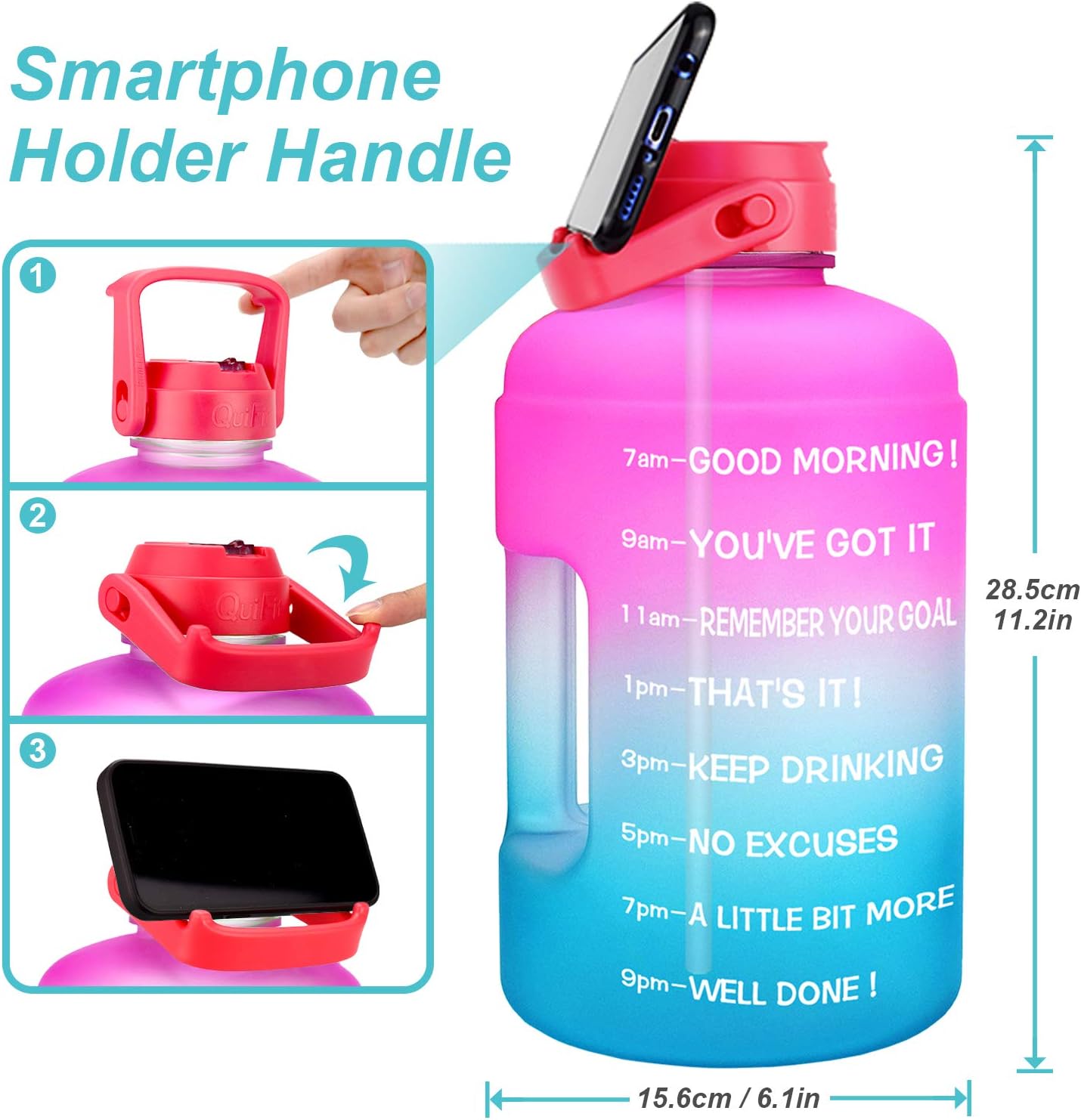 QuiFit 1 Gallon Water Bottle - Leak-Proof BPA-Free with Straw & Motivational Time Marker | 128oz Capacity