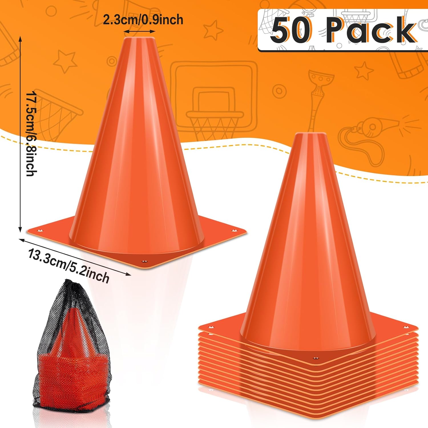Skiennix 7-Inch Plastic Traffic Cones - 50 Pcs Orange Training Cones for Soccer, Basketball & More