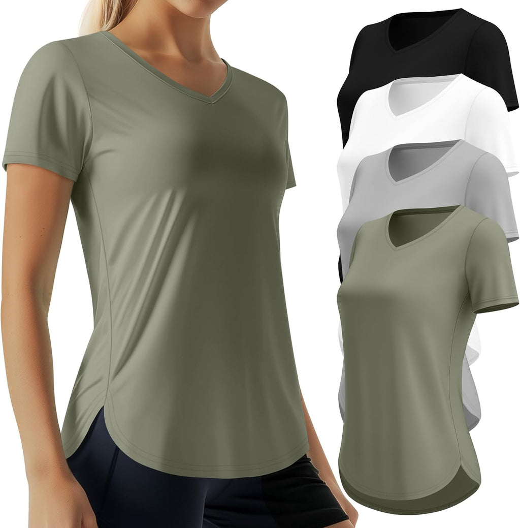 Oakgarden Women's Workout Tops - Quick Dry UPF 50+ V Neck Gym Shirts | Lightweight, Curved Hem, 4 Pack