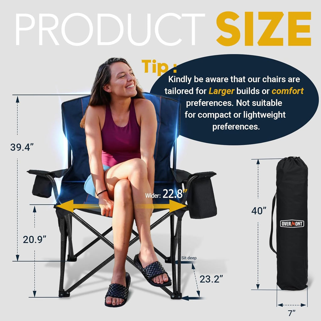 Overmont Oversized Camping Chair - 450lbs Capacity with Padded Cushion & Cooler Pockets | Heavy-Duty Design