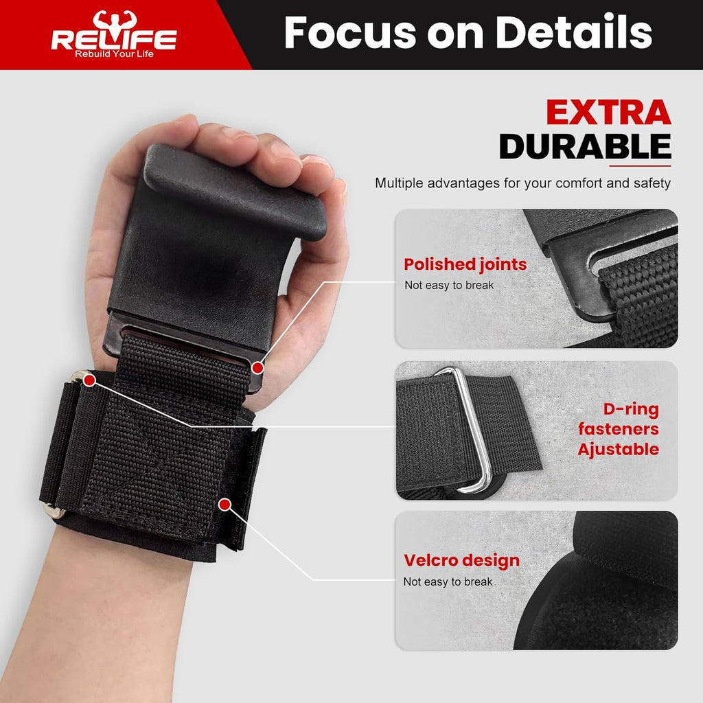 RELIFE Lifting Hooks for Men & Women - Heavy-Duty Pull Up Straps & Wrist Grips for Powerlifting