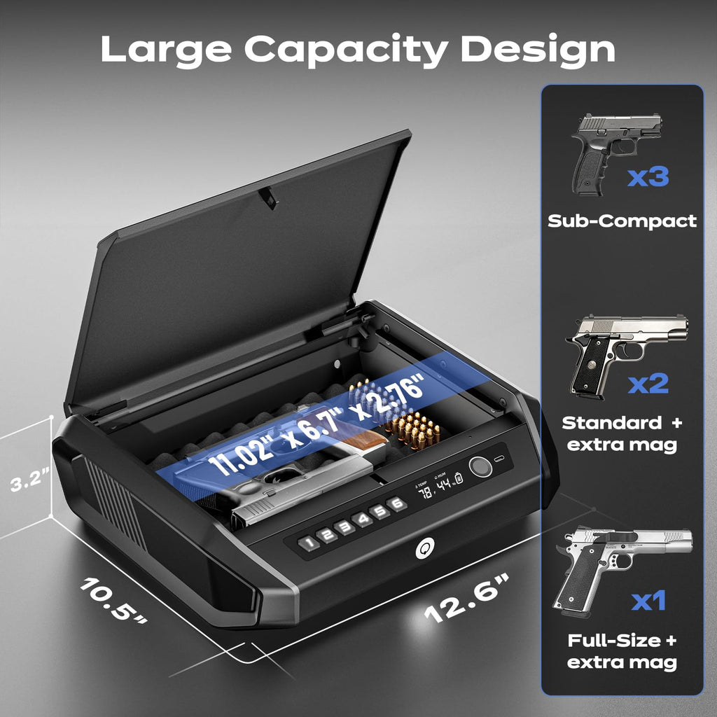 TOPMEDA Gun Safe with LCD Display, ≤0.1s Quick Access Large Handgun Safe for Pistols, Hand Gun Lock Box with Fingerprint, Keypad, Key, Car, Home, Bedside, Nightstand, AA Battery Emergency Power