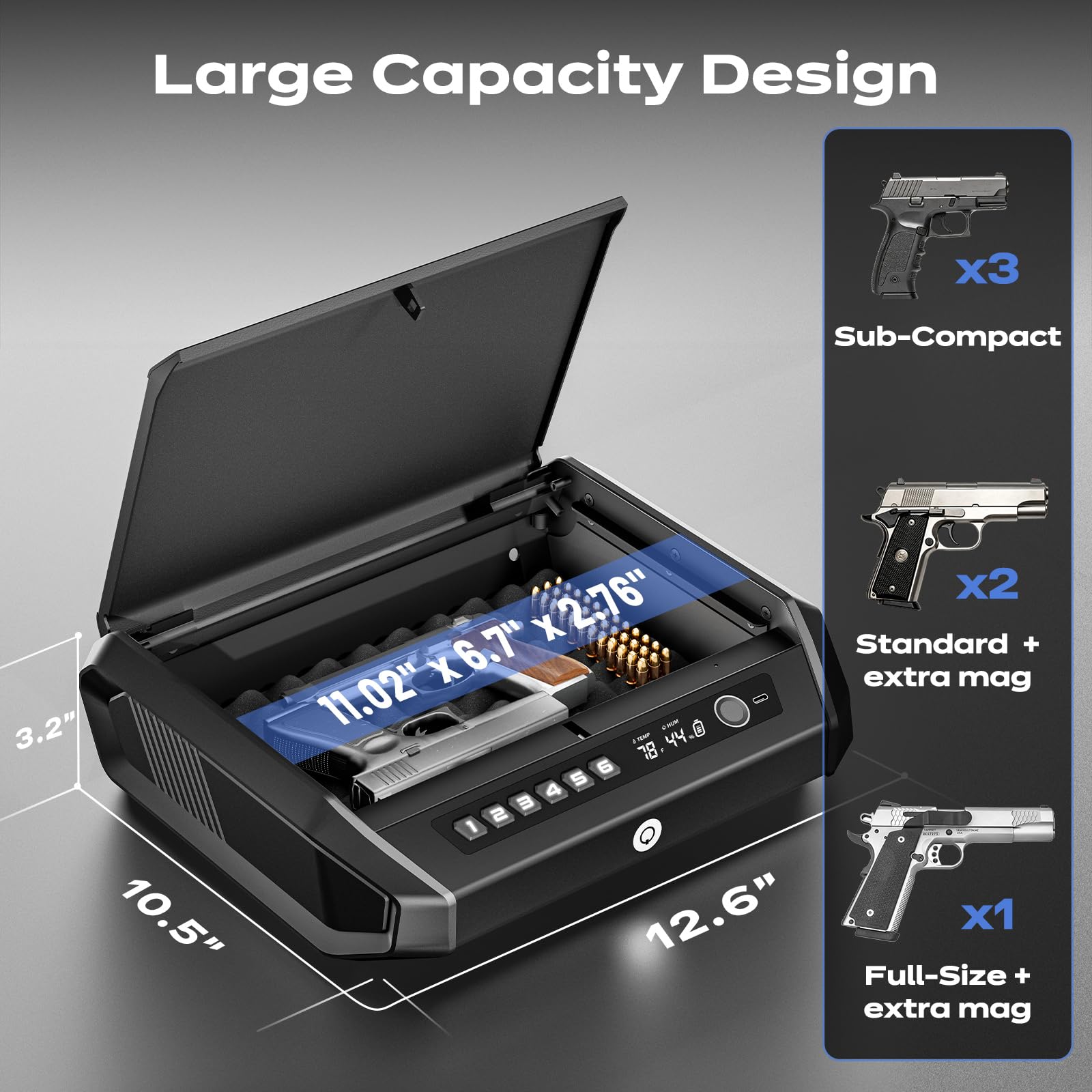 TOPMEDA Gun Safe with LCD Display, ≤0.1s Quick Access Large Handgun Safe for Pistols, Hand Gun Lock Box with Fingerprint, Keypad, Key, Car, Home, Bedside, Nightstand, AA Battery Emergency Power