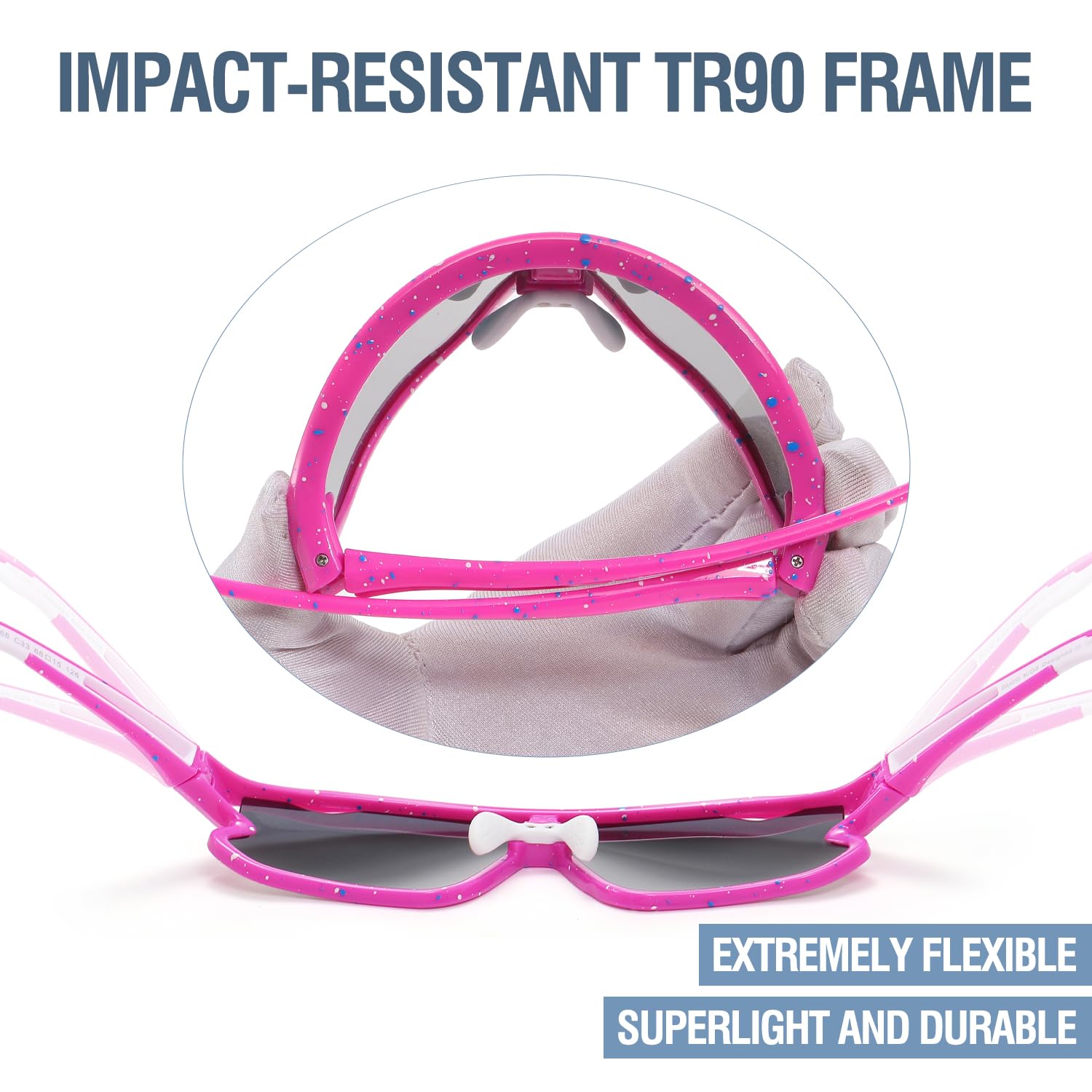 DUCO Kids Sunglasses Youth Baseball Sun Glasses Lightweight TR90 Frame UV400 Sports Cycling Shades for Boys Girls DK268 (Pink Frame White Blue Dot White Temple Revo Colorful Lens)