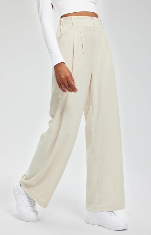 Libin Women's Wide Leg Pants - 29" High Waisted Waffle Knit Casual Trousers with Pockets | Beige, Size M