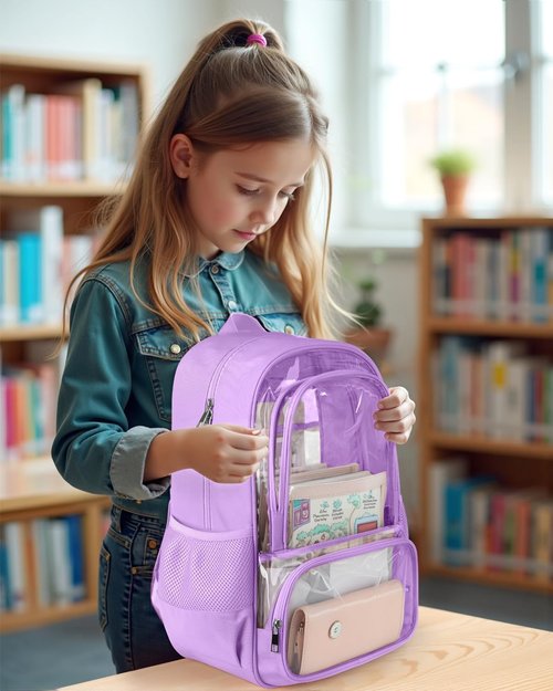 KIMNERPU Clear Backpack - Heavy Duty Transparent Bookbag with Reinforced Straps | Large Capacity, Purple