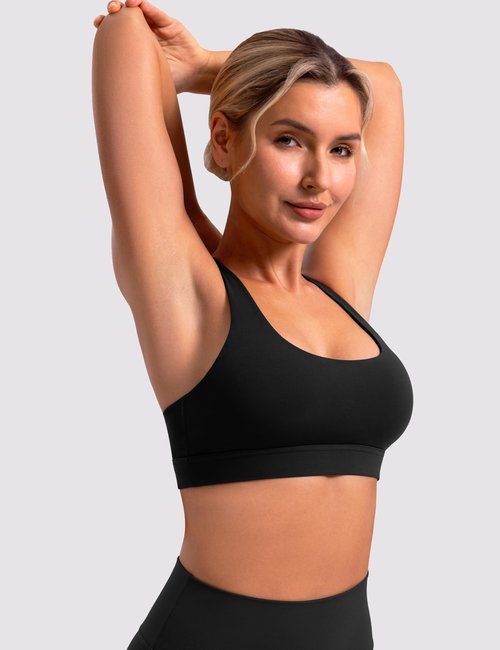 ENERBLOOM Sports Bras for Women Padded Criss Cross Back Yoga Top Medium Support Strappy Workout Tank Removable Cups Black Medium