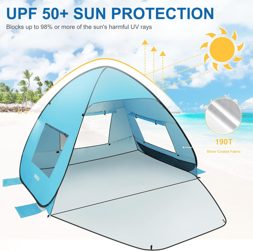 TOBTOS UPF 50+ Beach Tent - Easy Setup Sun Shelter for 2-3 People | Portable UV Protection Canopy with Carry Bag