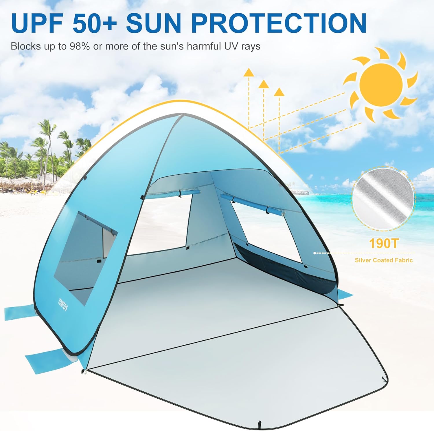 TOBTOS UPF 50+ Beach Tent - Easy Setup Sun Shelter for 2-3 People | Portable UV Protection Canopy with Carry Bag