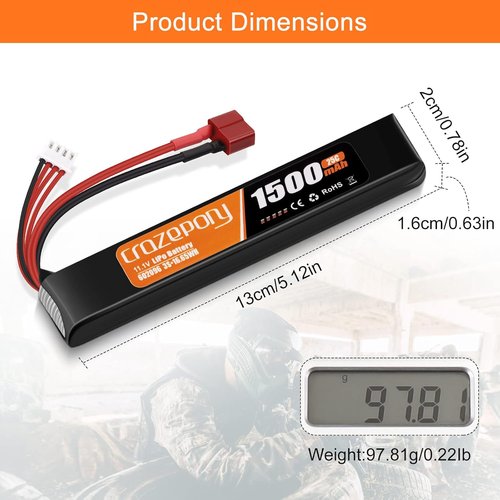 Crazepony 11.1V 1500mAh 3S LiPo Airsoft Battery - Rechargeable with T-Plug & JST XH Connector