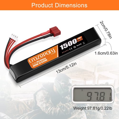 Crazepony Airsoft Battery 11.1V Rechargeable 3S LiPo 1500mAh 25C Hobby Battery with T-Plug & JST XH Connector for Airsoft Model Rifle