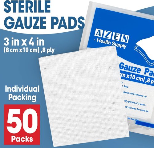 AZEN Sterile Gauze Pads - 50 Pack of 3" x 4" Non-Stick, Highly Absorbent Cotton Sponges for Wound Care
