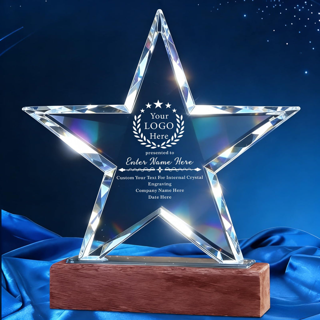 Custom Crystal Star Award Trophy with Engraved Logo Name Text, Personalized Employee Recognition Award Plaque, Corporate Appreciation Trophy for Leadership Retirement Sales Achievement