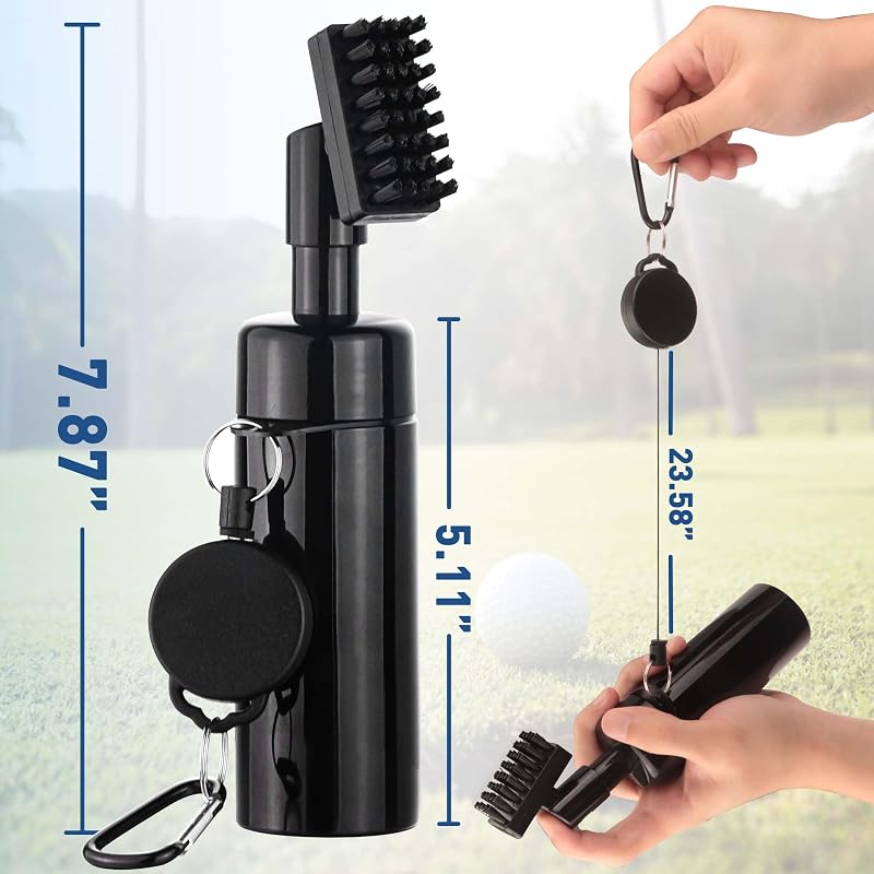 Golf Water Brush with Spray Bottle - 5 oz, Retractable Clip & Cover, Essential Golf Accessory (Variation: Golf Club Brush)