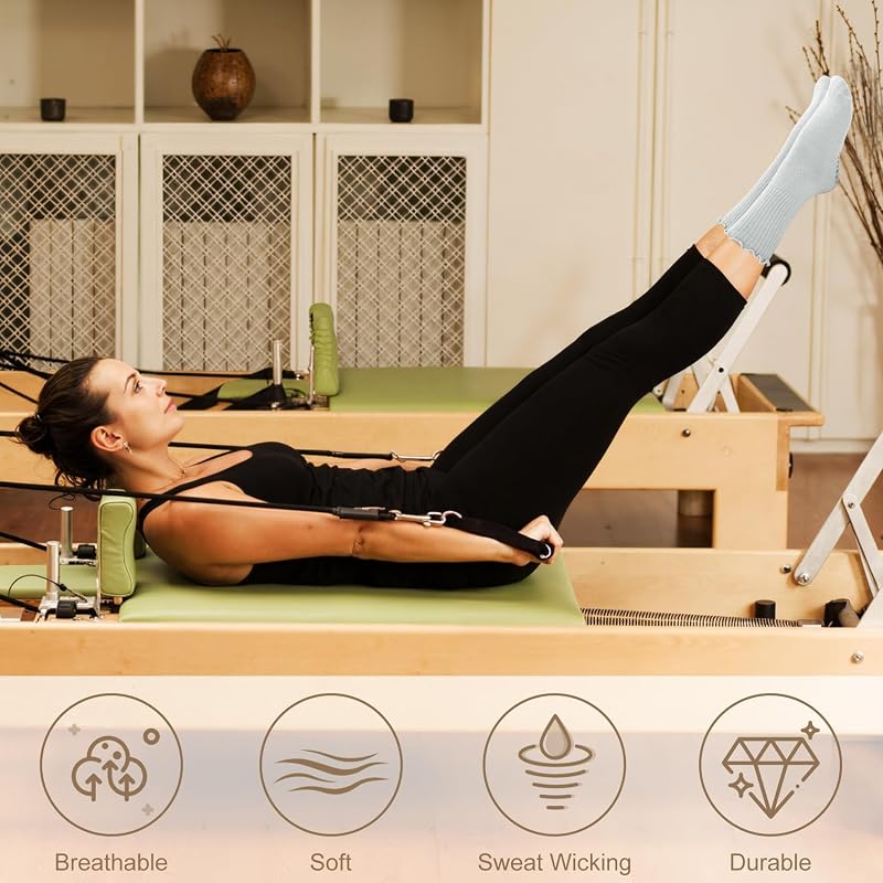 6 Pairs Womens Pilates Socks with Grips, Ruffle Non Slip Grip Socks - Black Dark Grey Light Grey Khaki Dark Brown White