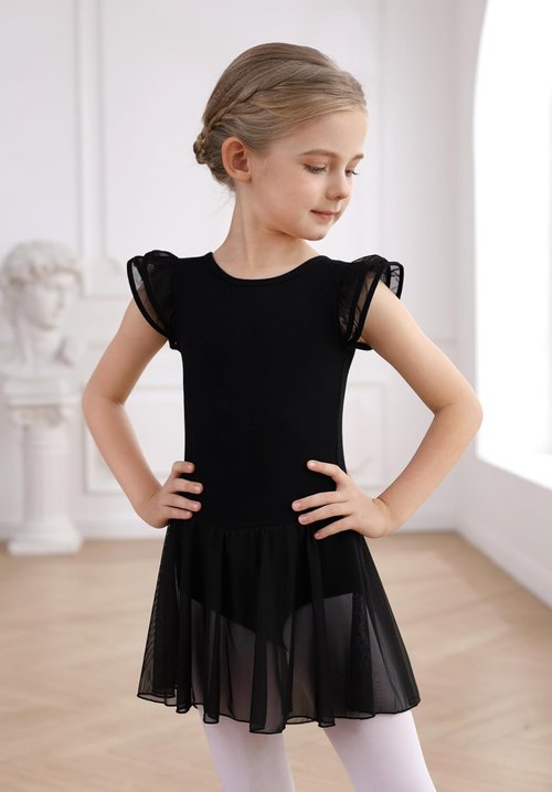 MdnMd Girls Ballet Leotard Dress - Toddler Ballerina Outfit with Flutter Sleeves & Knot Back