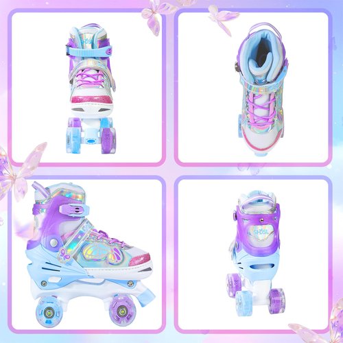 SHDSL Kids Roller Skates for Girls Boys Beginner, 4 Sizes Adjustable Quad Butterfly Roller Skates with All Light up Wheels, Birthday Gift for Girls Skates Indoor Outdoor Sports