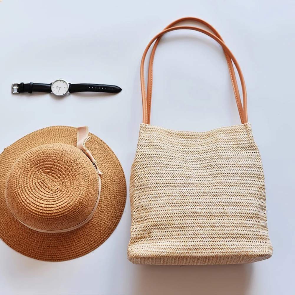 Aphoraeny Straw Beach Bag Buckets Totes Handbag Shoulder Bag Tote Bag Women Summer Handbag (A-Dark Beige)
